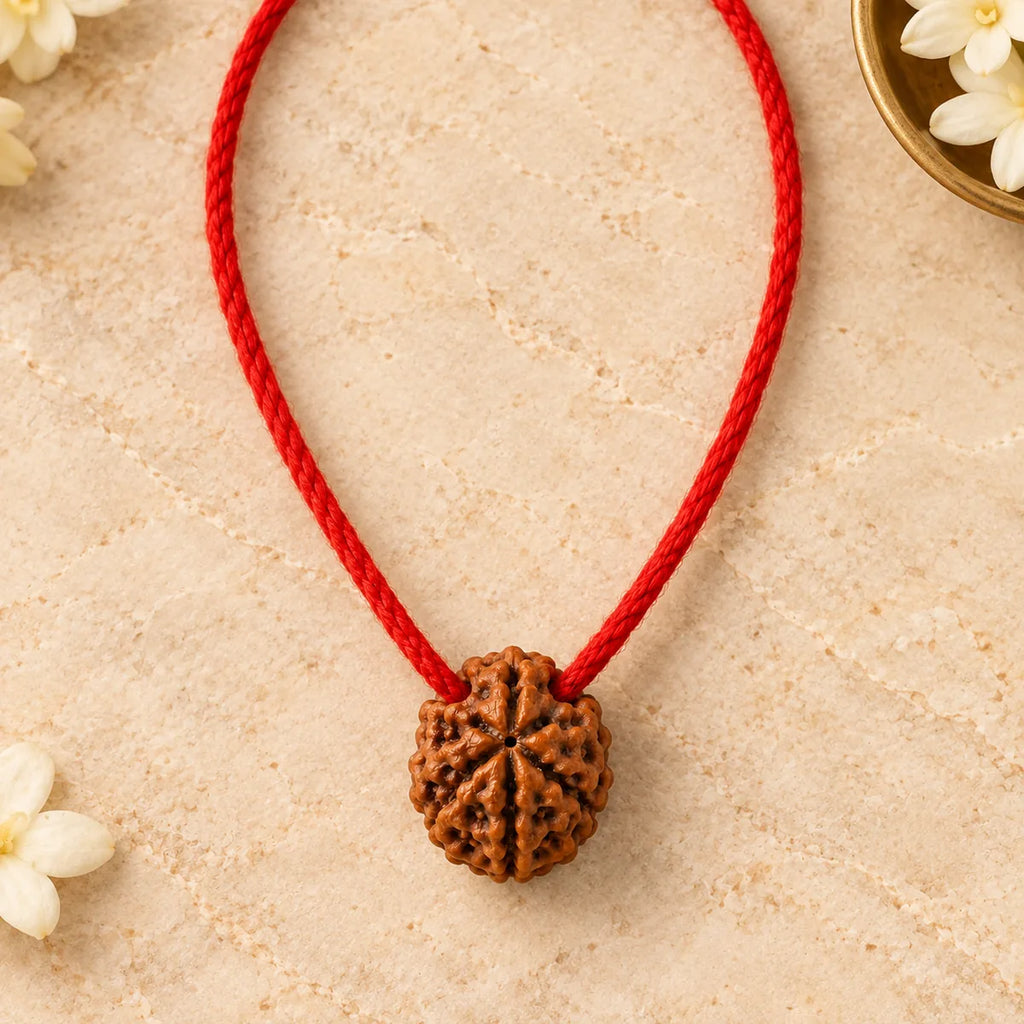 7 Mukhi Rudraksha Thread Pendant top view on warm ivory stone