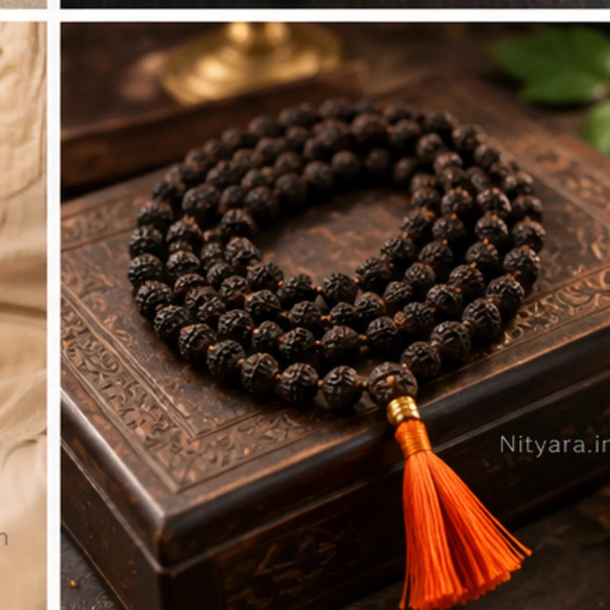 Black Rudraksha Mala with Saffron Tassel dark editorial product view
