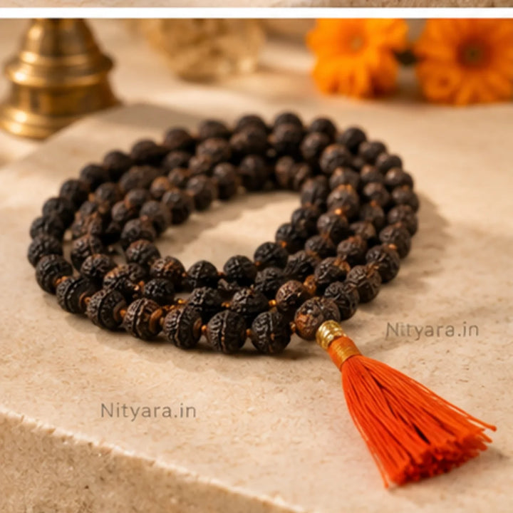 Nityara Black Rudraksha Mala with Saffron Tassel hero product view