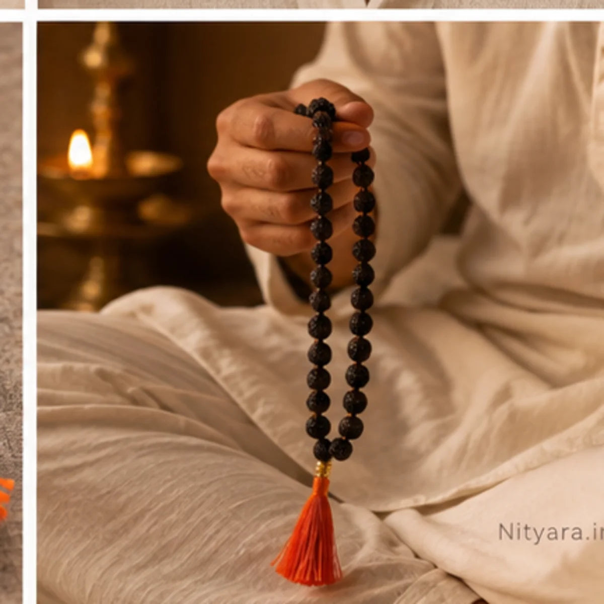 Black Rudraksha Mala with Saffron Tassel held during meditation lifestyle view