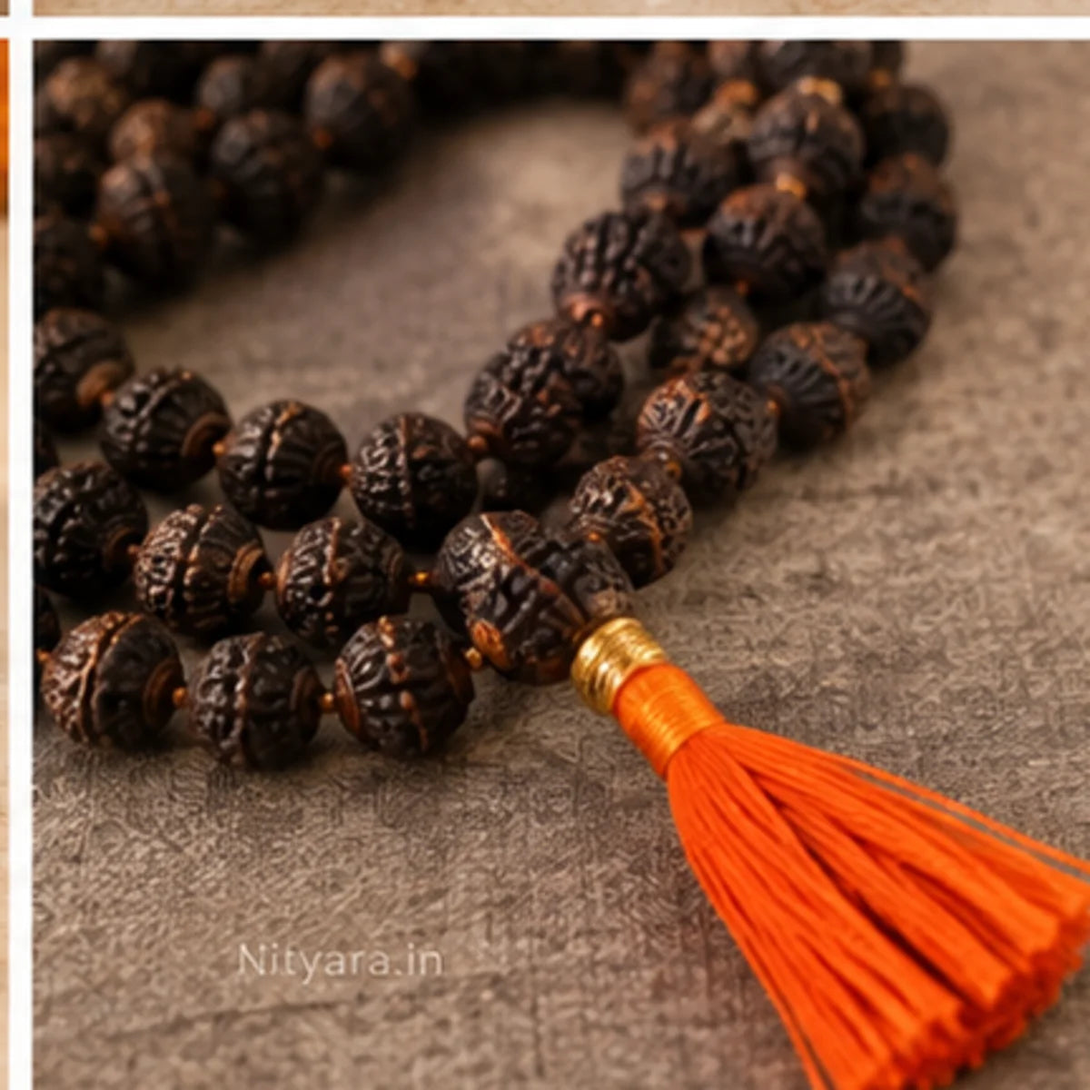 Black Rudraksha Mala with Saffron Tassel macro bead detail