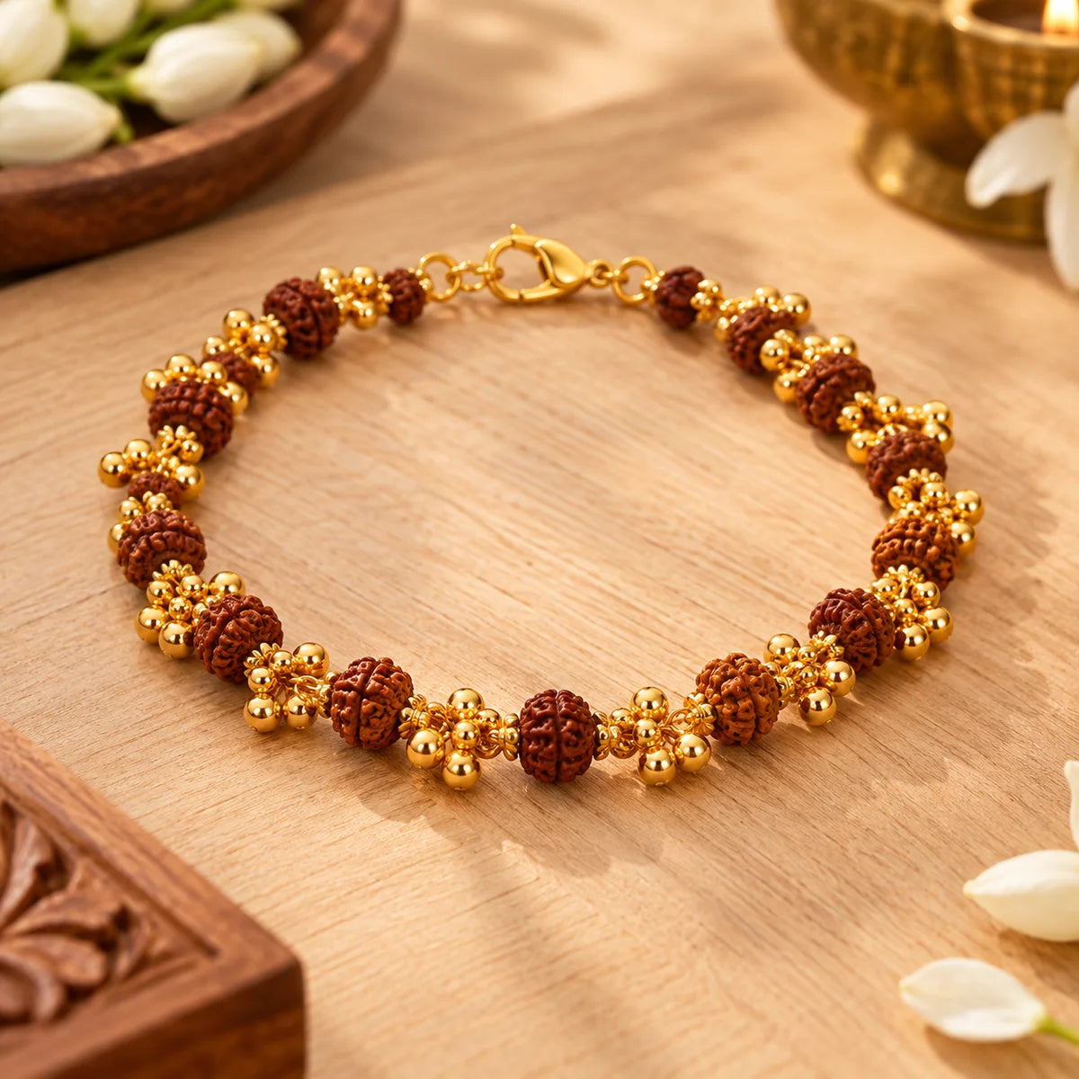 Gold Plated Elemental Rudraksha Bracelet for Women macro bead and gold detail