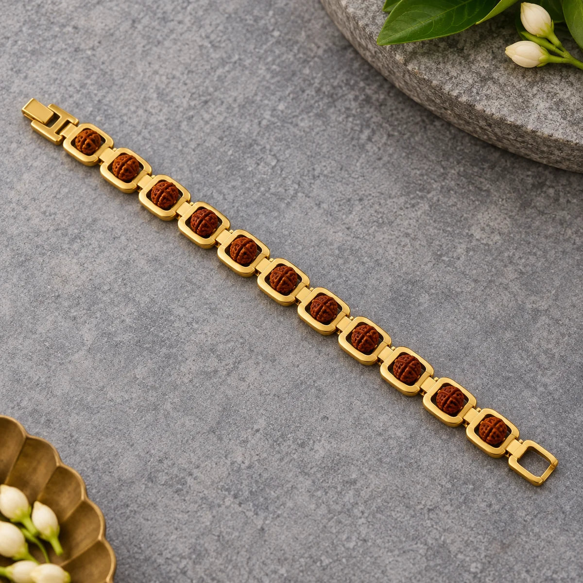 Nityara Gold Plated Essential Rudraksha Link Bracelet hero product view