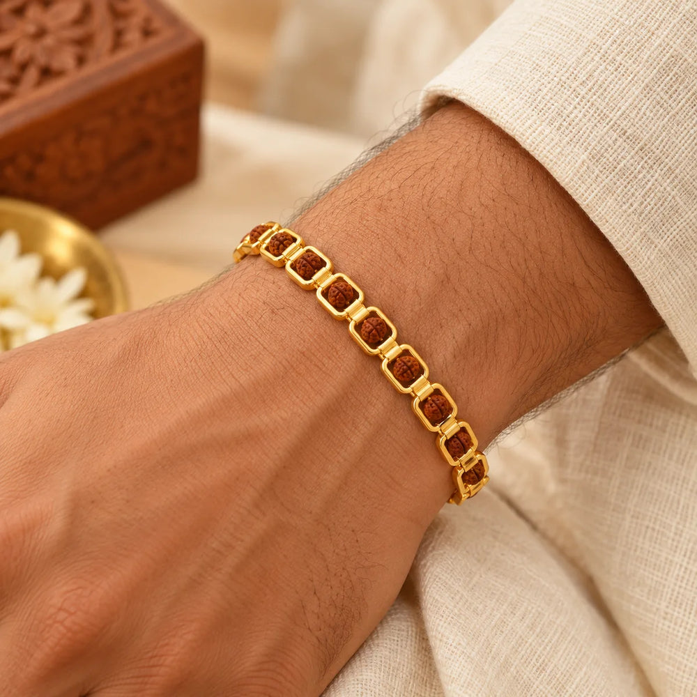 Gold Plated Essential Rudraksha Link Bracelet — Devotional setting