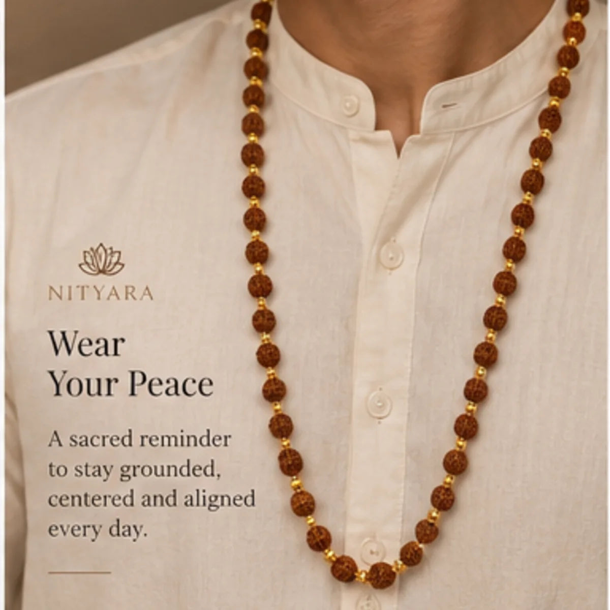 Gold Plated Eternal Grace Rudraksha Mala worn as a long devotional necklace lifestyle view