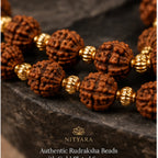 Gold Plated Eternal Grace Rudraksha Mala macro detail with gold-tone spacer accents