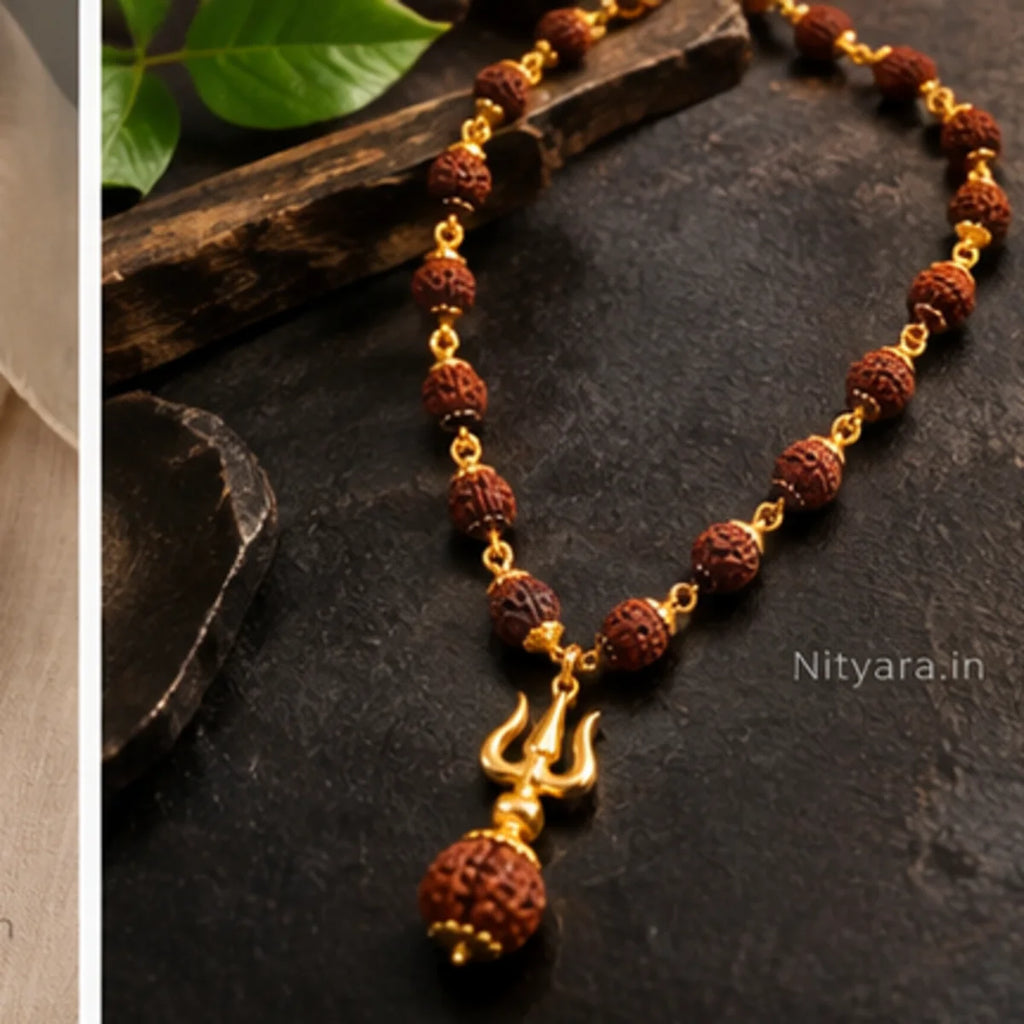 Gold Plated Rudraksha Trishul Necklace dark editorial product view