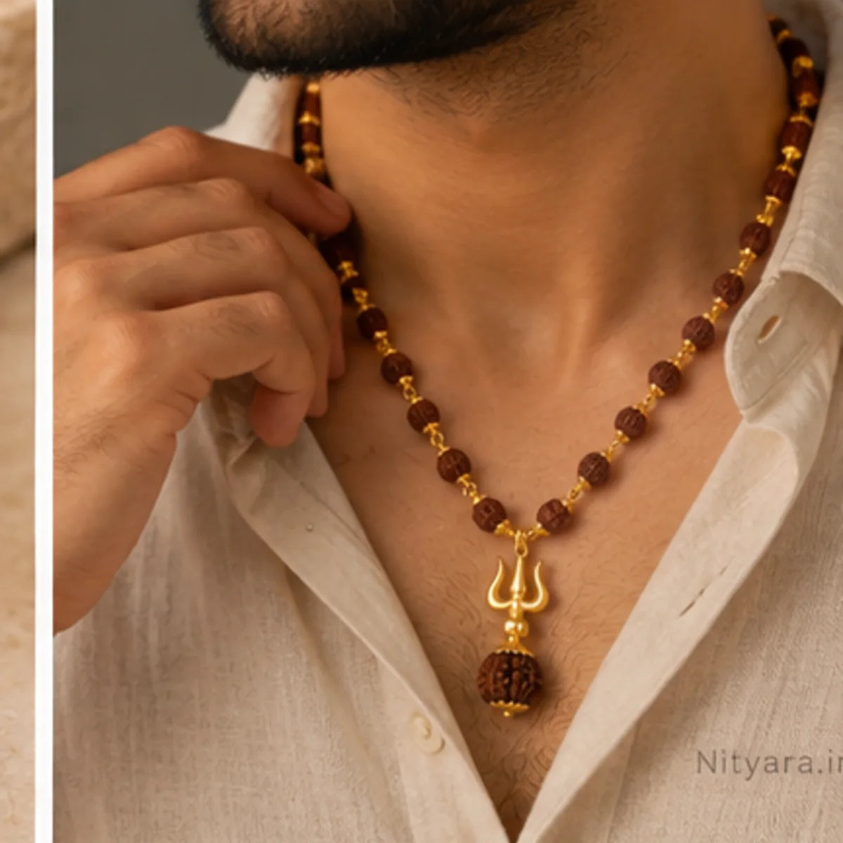 Gold Plated Rudraksha Trishul Necklace worn as devotional jewellery lifestyle view