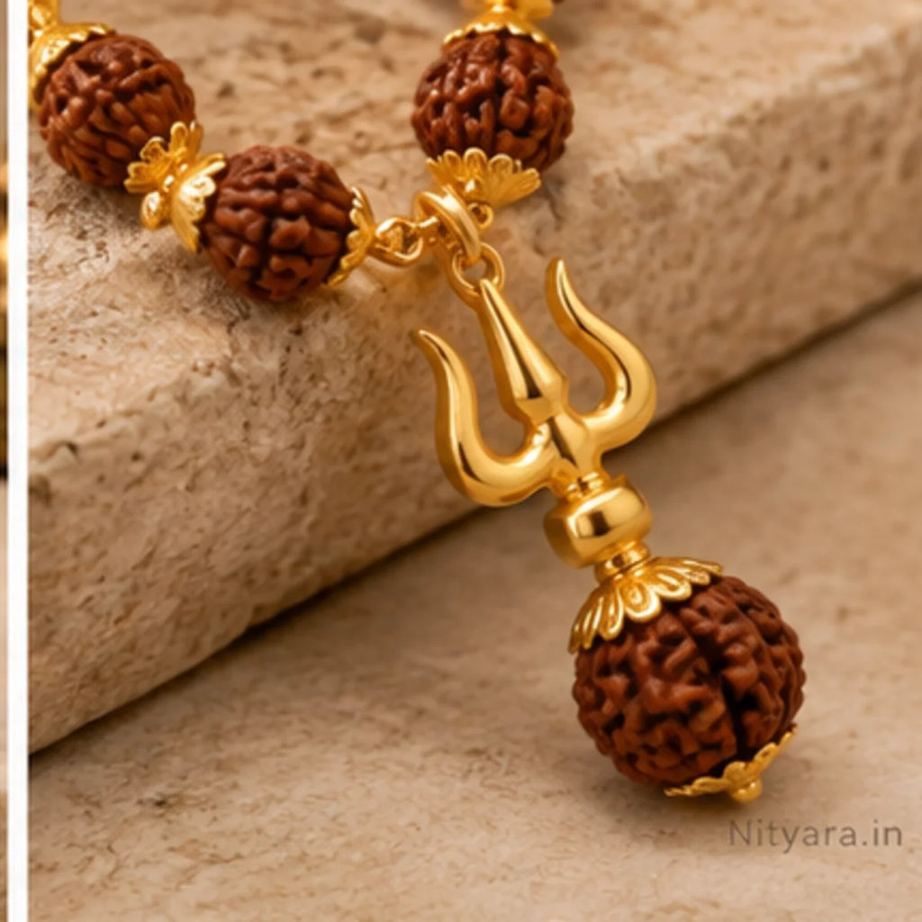 Gold Plated Rudraksha Trishul Necklace macro detail of Trishul and Rudraksha bead