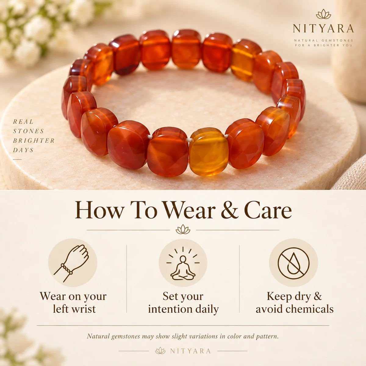 Natural Red Carnelian Bracelet wear and care guide including wrist wear intention practice and keeping gemstones dry