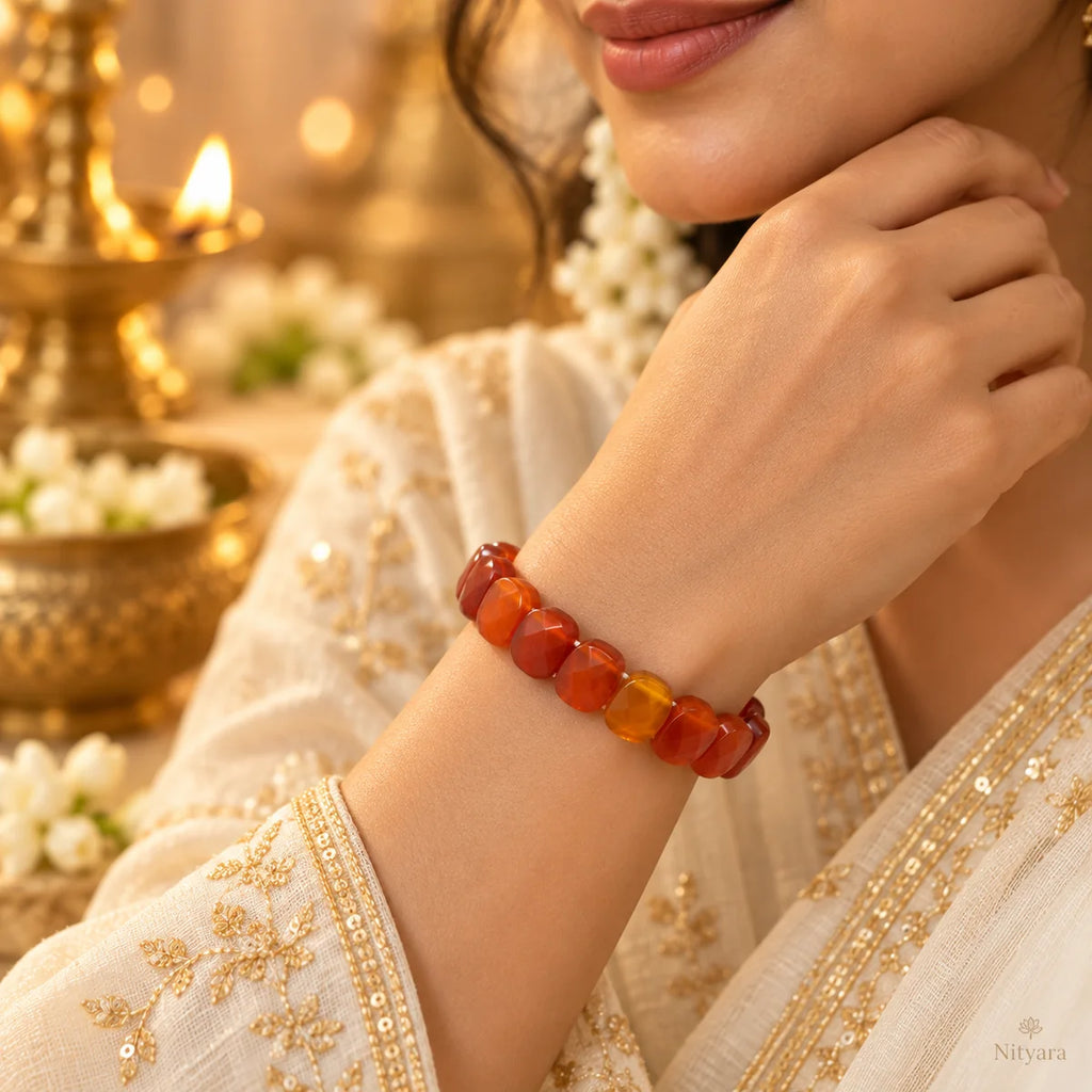 Natural Red Carnelian Bracelet worn on wrist showing everyday fit and rounded-square gemstone bead size