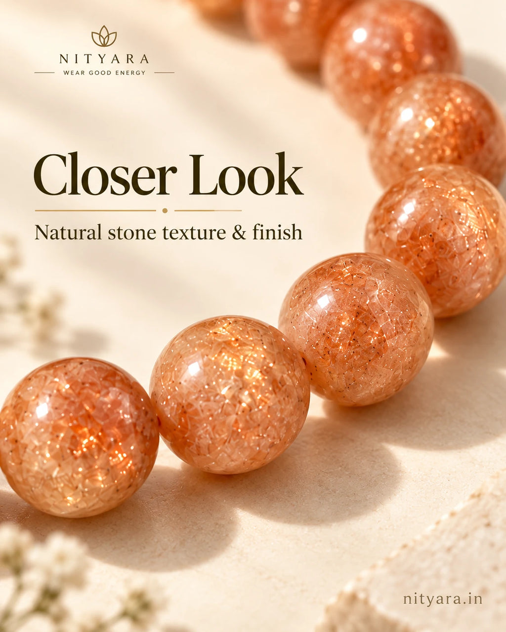 Close-up of natural Sunstone bead texture and finish