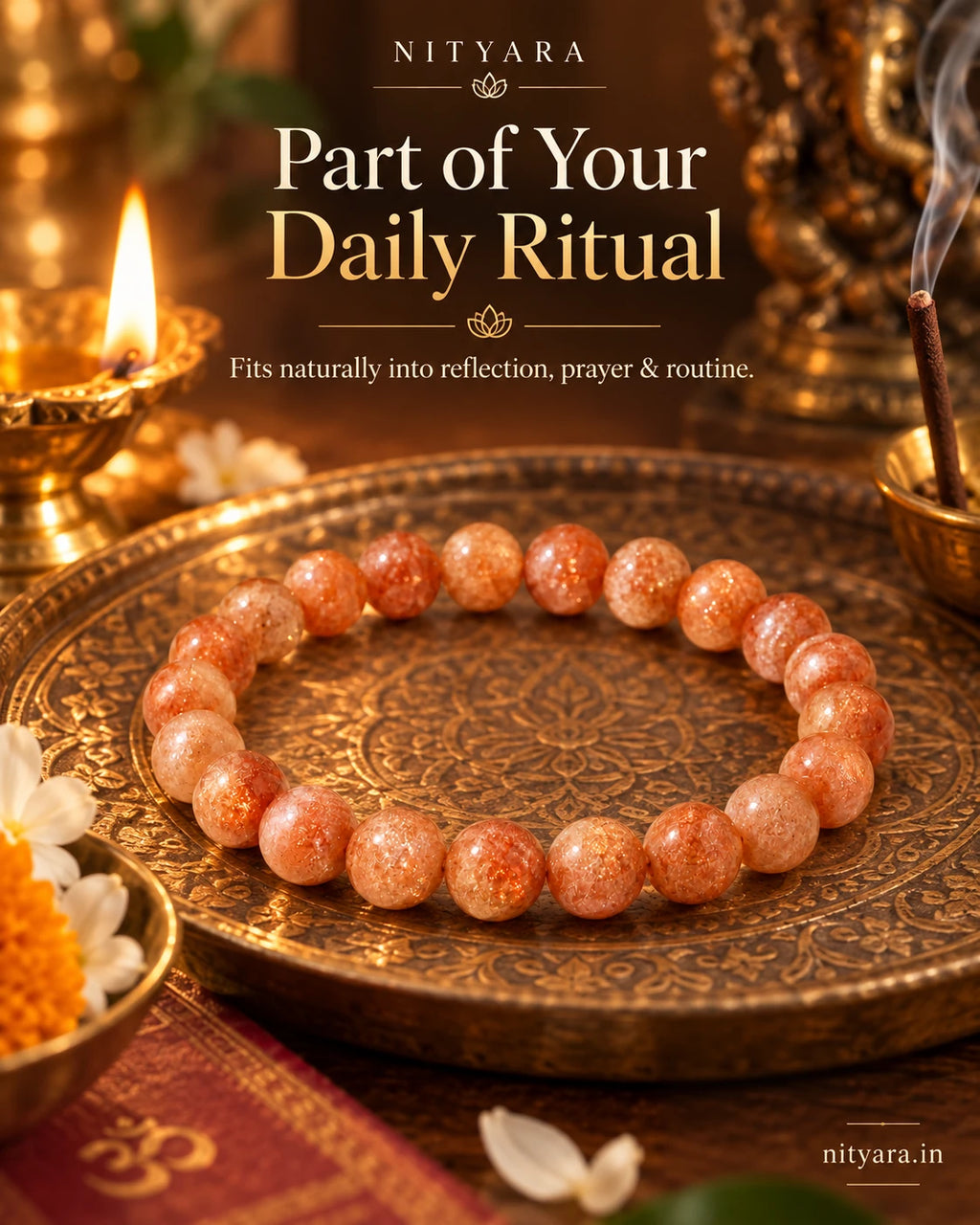 Nityara Number 1 Sunstone bracelet in a devotional daily ritual setting
