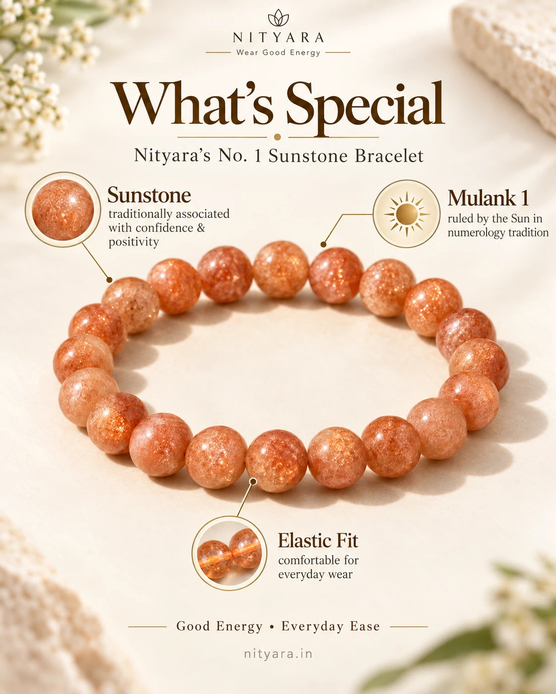 Nityara Number 1 Sunstone bracelet features and Mulank 1 association