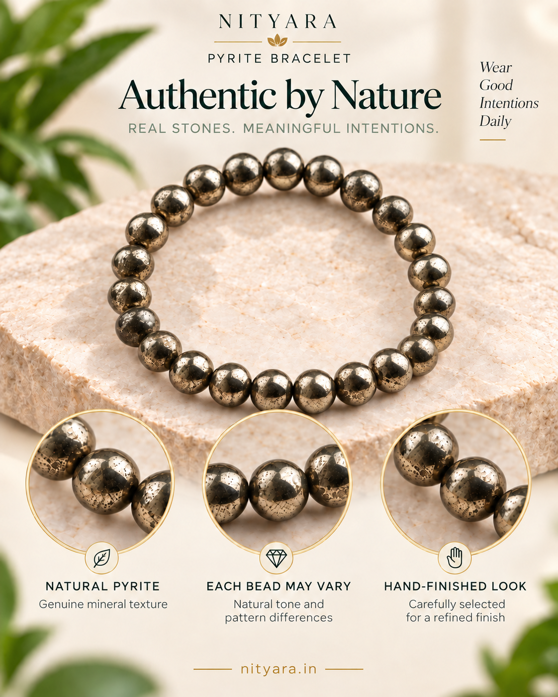 Nityara natural Pyrite bracelet with polished round metallic beads and close-up bead details