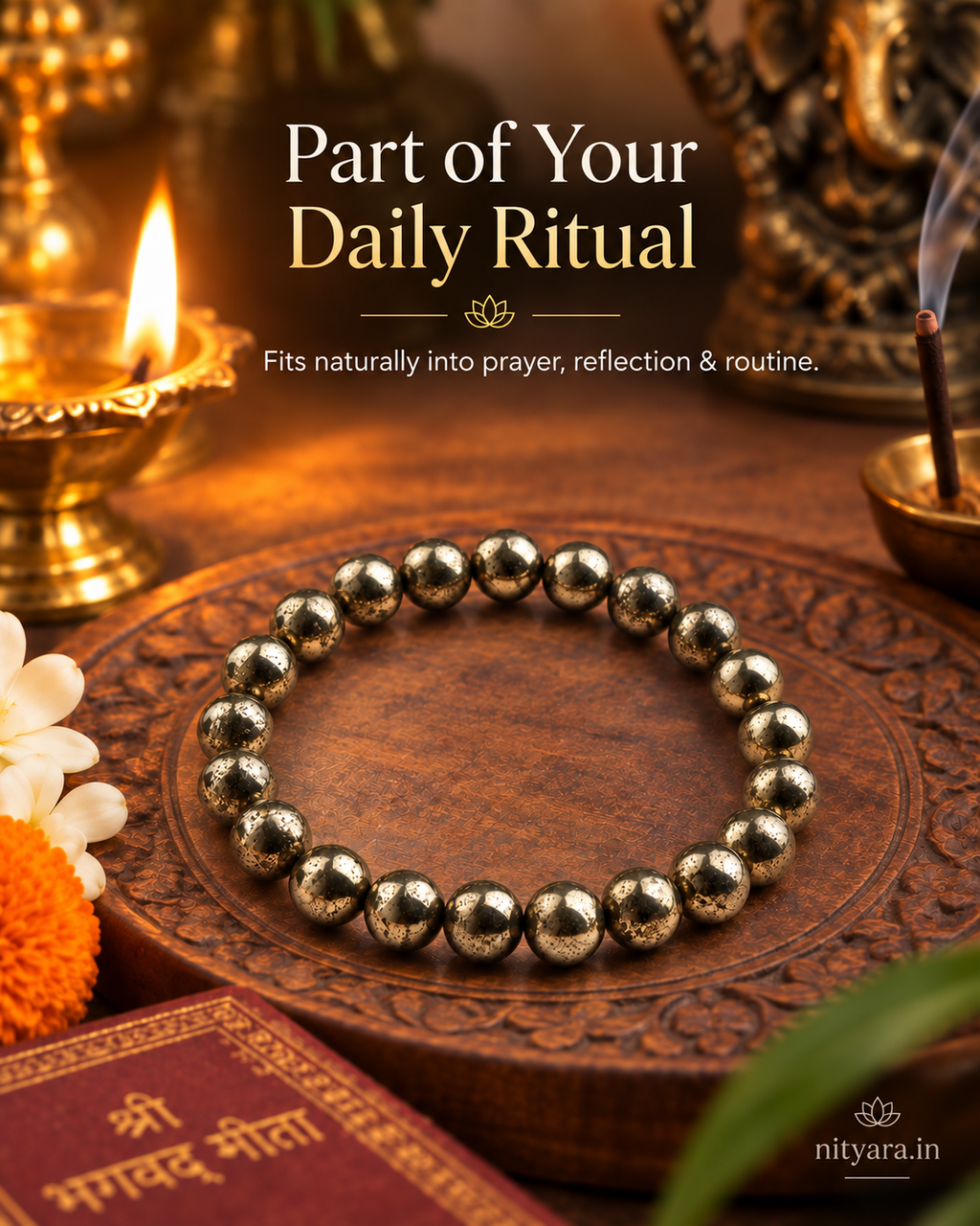 Natural Pyrite bracelet styled in an Indian daily prayer and reflection setting