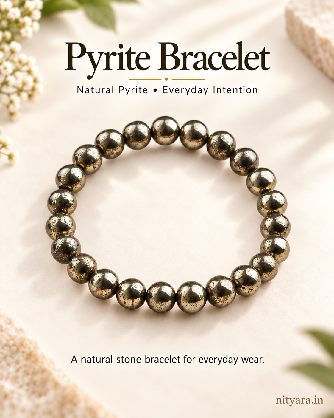 Nityara natural Pyrite bracelet with polished round beads for everyday wear