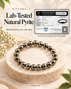 Nityara natural Pyrite bracelet displayed with lab testing report number 76883KB