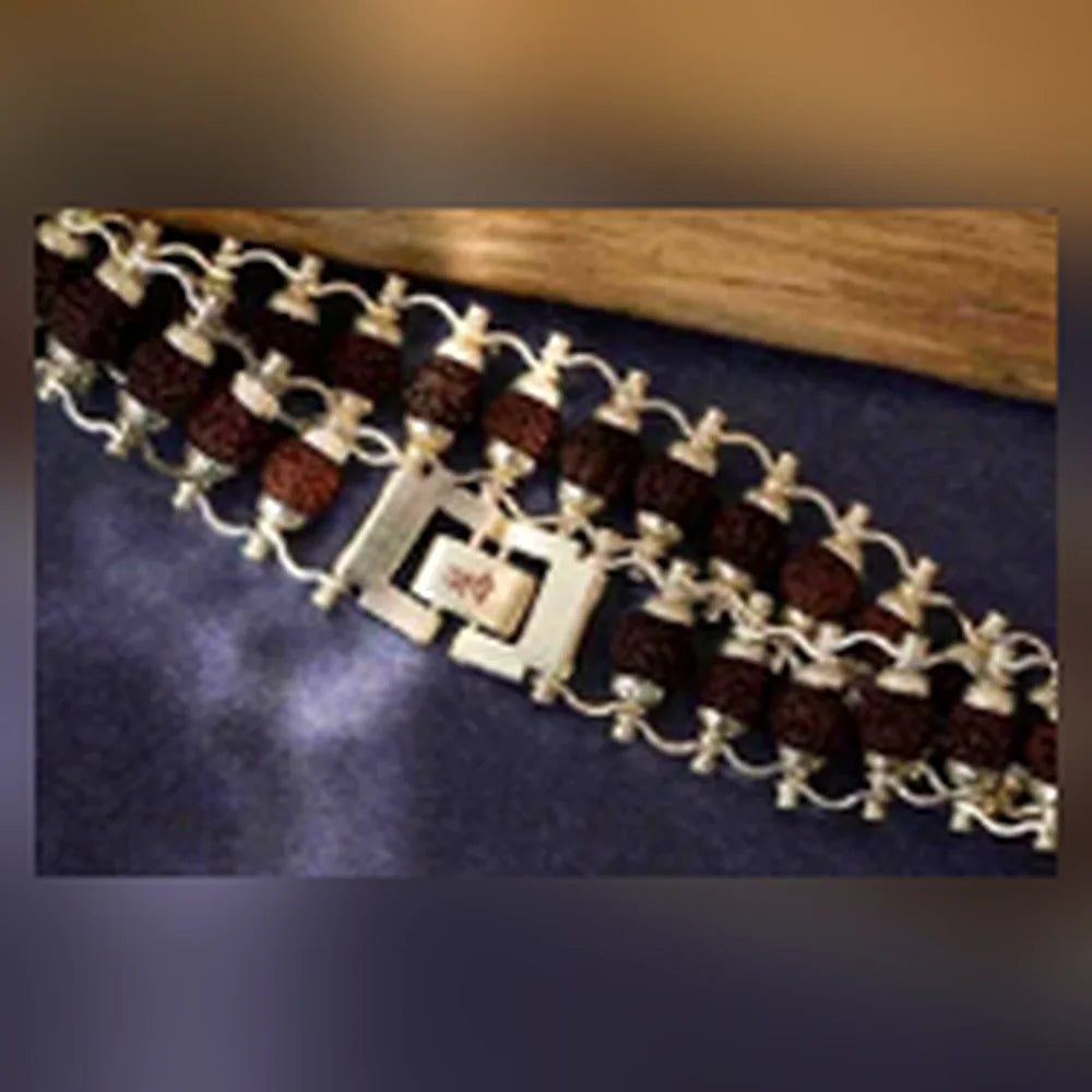 Silver Plated Modern Rudraksha Link Bracelet detail view showing the wide multi-row silver chain construction and Rudraksha beads