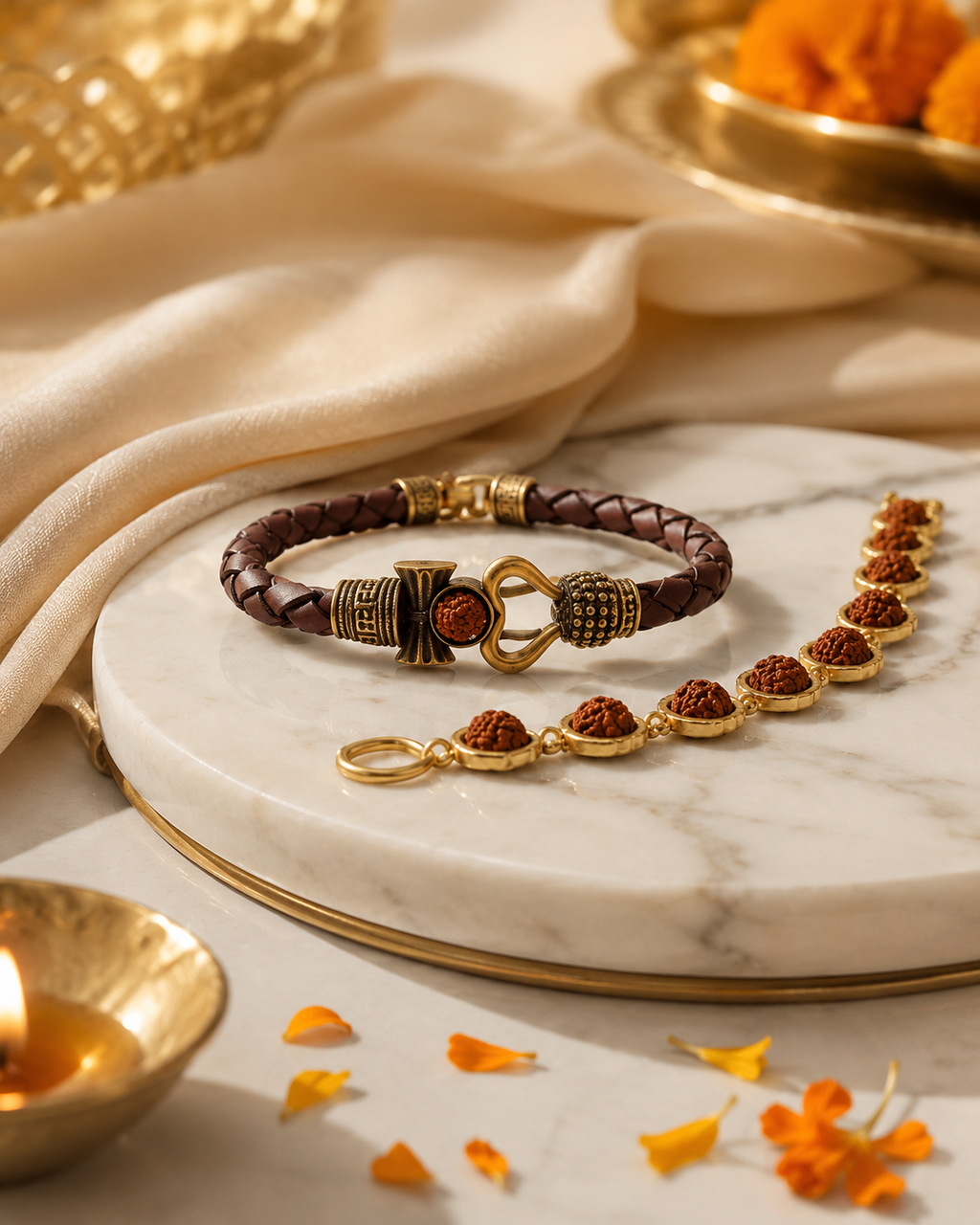 Rudraksha bracelet and rakhi chain flatlay on marble