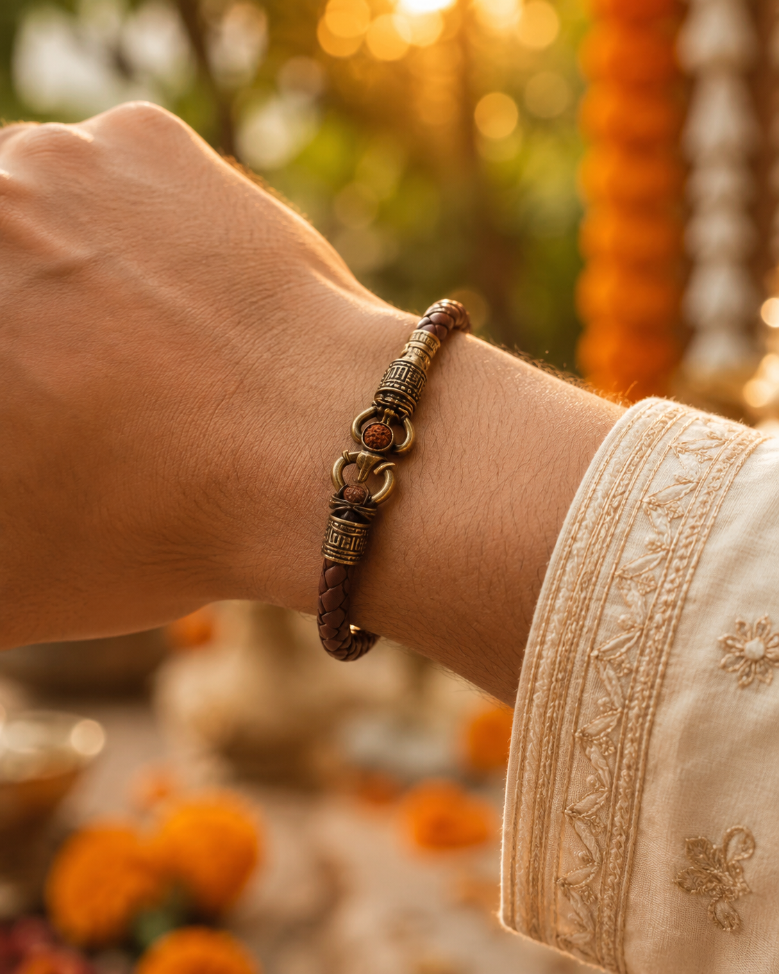 Rudraksha bracelet worn on wrist during festive occasion