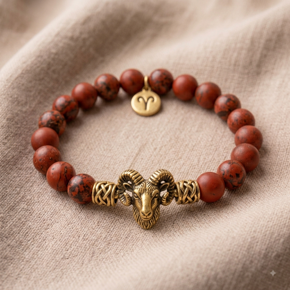 Aries (मेष राशि) Zodiac Red Jasper & Tiger Eye Bracelet — Natural stone detail