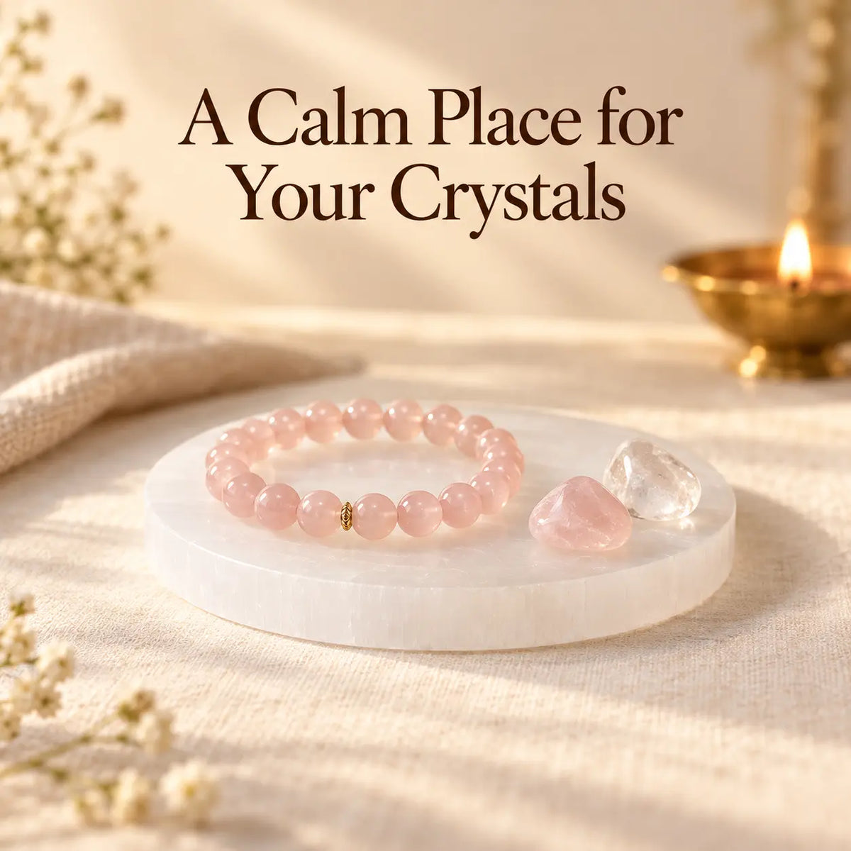 Round Selenite plate used as a resting base for a crystal bracelet