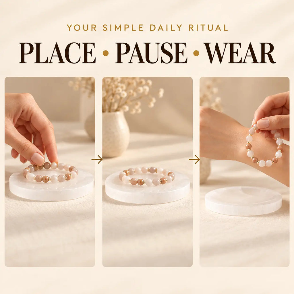 Three-step daily ritual: place, pause and wear a bracelet using a Selenite plate