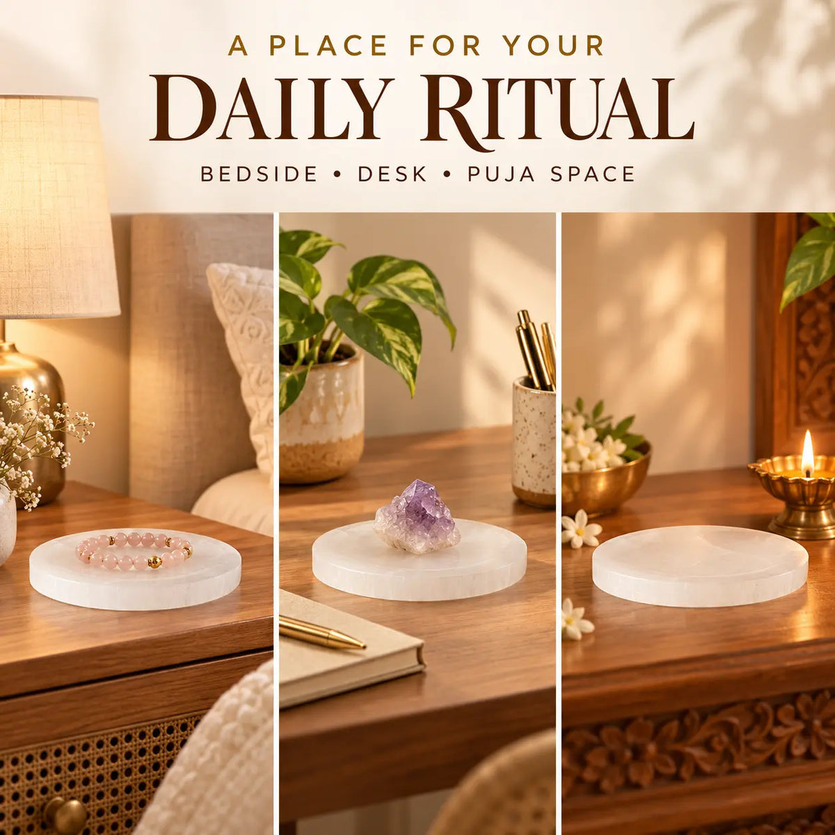 Round Selenite plate styled beside a bed, on a desk and in a puja space