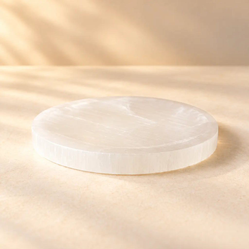 Round natural Selenite cleansing plate on a warm ivory background